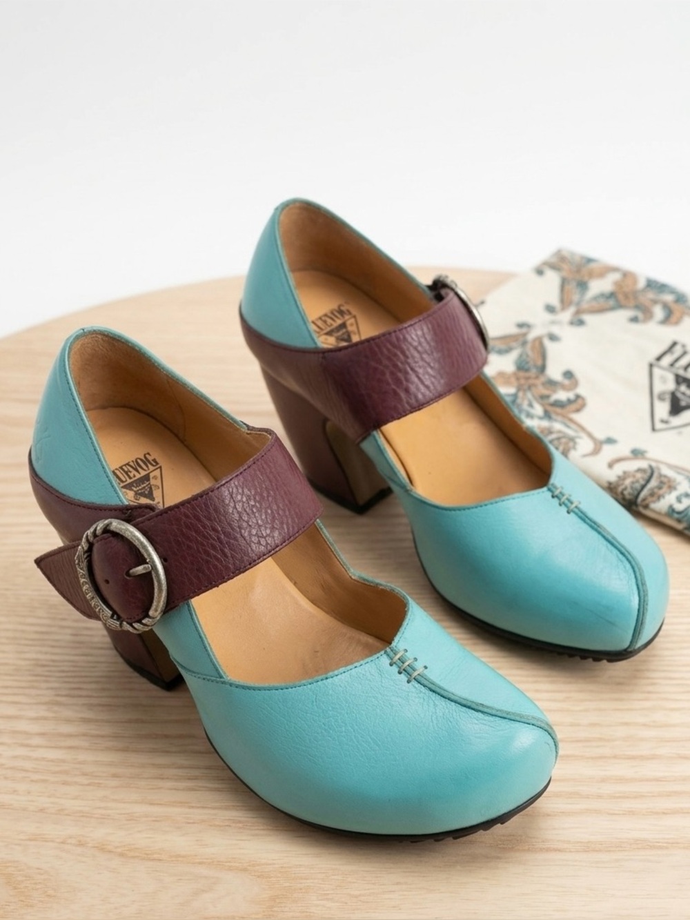 Custom John Fluevog Leather Mary
Jane Heels Burgundy Teal Chunky EUC 9